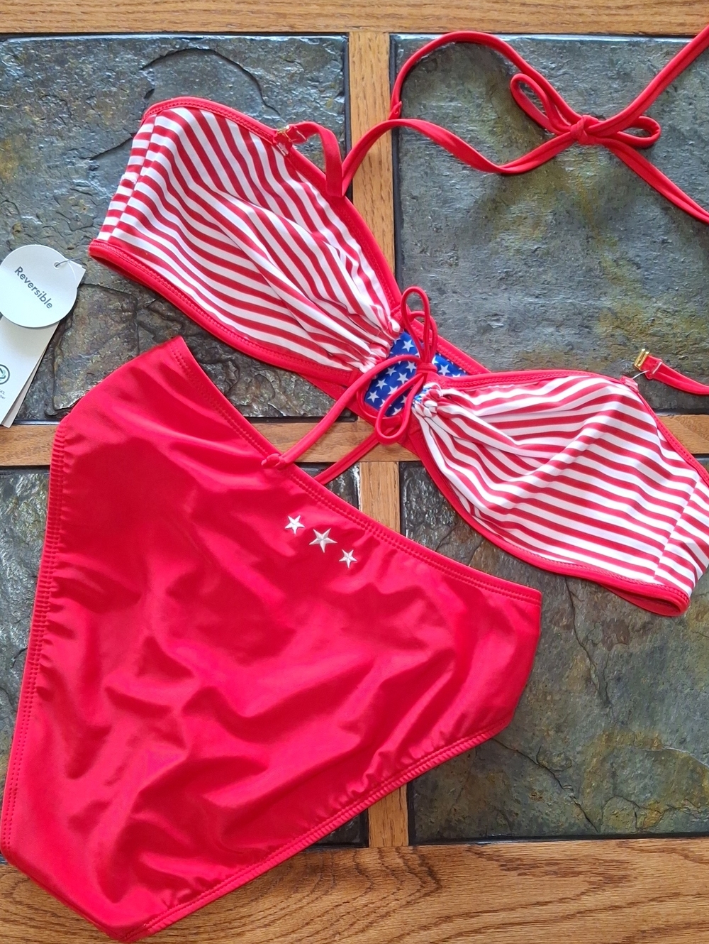 No Boundaries Red & White Stripe Or Blue Star-Print Reversable Bikini